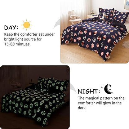 Mooreeke Glow in The Dark Full Plush Fleece Comforter Bed Set, Soft & Warm 3 Piece Bed in A Bag with Sham, Velour Velvet Football Basketball Soccer Rugby Boys Kids Bedding Set, Fluffy Fuzzy Polar Cozy