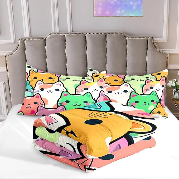 Cat Bedding Queen Size - Cat Comforter Set for Kids Girls Cartoon Cat Bedding Set Room Decor Teens Queen Comforter Sets for Girls, 1 Comforter+2 Pillowcases