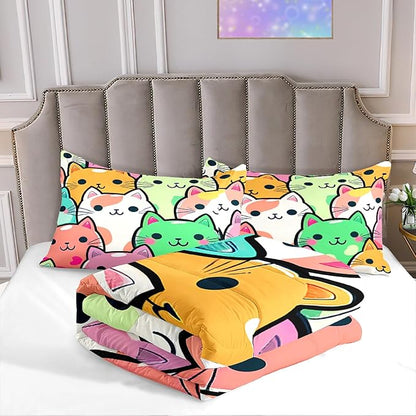 Cat Bedding Set - Full Size Comforter, 2 Pillowcases for Girls, Soft Breathable Polyester, Machine Washable, Cat Themed Bedding for Kids Room Decor, Birthday & Holiday Gift