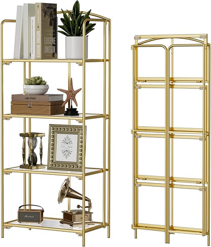 No Assembly Folding Bookshelf, 4 Tier Gold Bookshelf, Metal Book Shelf for Storage, Folding Bookcase for Office Organization and Storage, 12.6" D x 22.44" W x 55.51" H