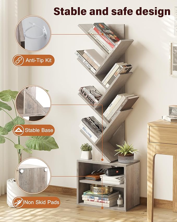 SUNMORY 6 Tier Tree Bookshelf, Tall Bookcase with Storage Cabinet, Modern Narrow Bookshelves Organizer, Floor Standing Book Shelf for Bedroom/Living Room/Home Office/Corner, Grey