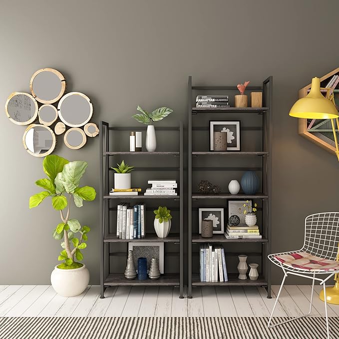 No-Assembly Folding Bookshelf Storage Shelves 5 Tiers Vintage Multifunctional Plant Flower Stand Storage Rack Shelves Bookcase for Home Office (Gray and Black)