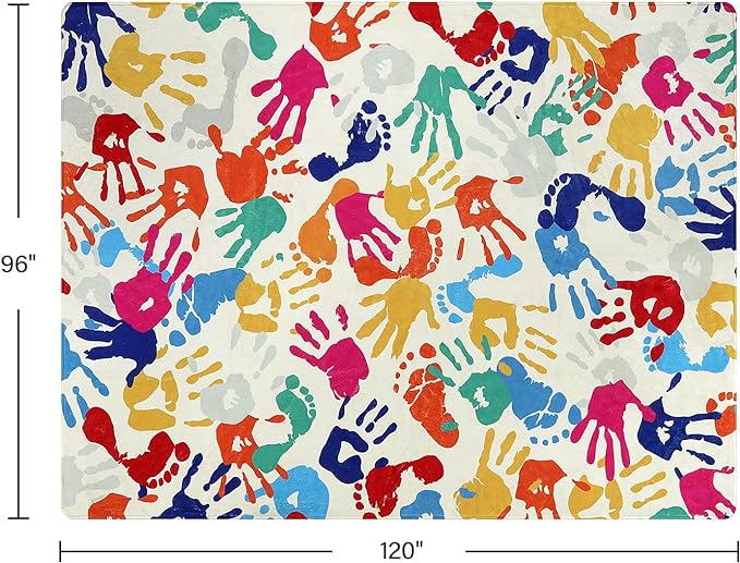 Large Kids Rug for Playroom, 8'x10' Handprints and Footprints Colorful Rug for Classroom, Non-Slip Washable Rug for Nursery, Soft Throw Carpet Indoor Playmat for Kids Room Dorm Bedroom