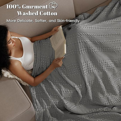 PHF 100% Cotton Waffle Weave Blanket Queen Size, Soft Lightweight Breathable Cozy Summer Blankets for Bed, Luxury Aesthetic Woven Bedding for Home Decor, 90"x90", Dark Grey