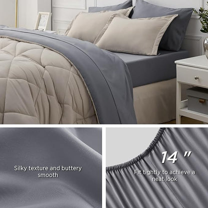 Bedsure Beige King Comforter Set - 7 Pieces Reversible Bed Set Bed in a Bag King with Comforters, Sheets, Pillowcases & Shams, King Bedding Sets