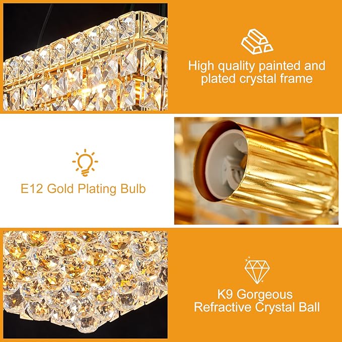 4-Light Gold Crystal Chandeliers Flush Mount Chandelier Light Fixture with K9 Crystals Modern Ceiling Lights Elegant Square Lamp for Bedroom,Hallway,Bar,Living Room,Dining Room,H5.9 xW13.7