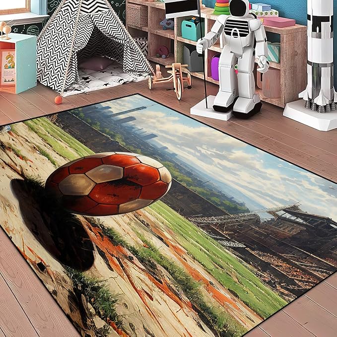 Football Rug - Football Decor for Boys Bedroom Soccer Rug for Play Area Football Printed Rug for Kids Room Basketball Rugs for Teen Boys Bedroom Playmat Area Rugs for Kids Rooms,5'×7'