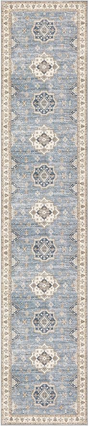 Washable 2.6x12 Runner Rug - Area Rugs Neutral Vintage Distressed Floral Farmhouse Boho Large Soft Floor Rug Indoor Carpet for Hallway Entryway Kitchen Home - Blue