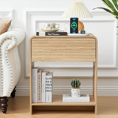 Fluted Nightstand with Charging Station, Mid Century Modern Bed Side Table End Table with Drawer Storage, Large Wooden Night Stands Bedside for Bedroom Living Room Sofa Office, Natural