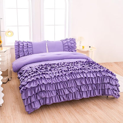 Girls Comforter Set Queen, Lavender Ruffle Bedding Set Queen, Purple Comforter Sets for Queen Size Bed with Sheets, Girls Queen Bedroom Comforter Set