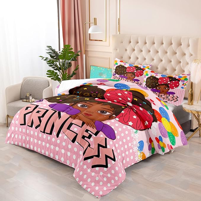 Black Girl Full Size Comforter Sets for Girls, African Black Girl Full Size Comforter Sets Girls Room Cute Full Size Comforter Set Pink Princess Full Size Bedding Set, Full (1 Comforter 2 Pillowcases)