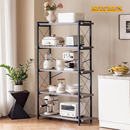 HCHQHS Bookshelf, 5-Tier Industrial Bookcase, Rustic Open Book Shelf, Freestanding Tall Bookshelves with Metal Frame
