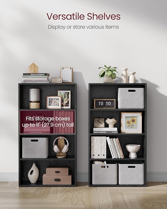 VASAGLE Bookshelf, 23.6 Inches Wide, 4-Tier Open Bookcase with Adjustable Storage Shelves, Floor Standing Unit, Ebony Black ULBC164T56