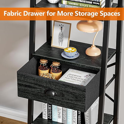 Furologee 5 Tier BookShelf, Ladder Shelf with Drawer, Tall Bookcase Corner Shelf, Narrow Shelf Industrial Display Standing Units for Home Office, Living Room, Bedroom, Kitchen, Black Oak
