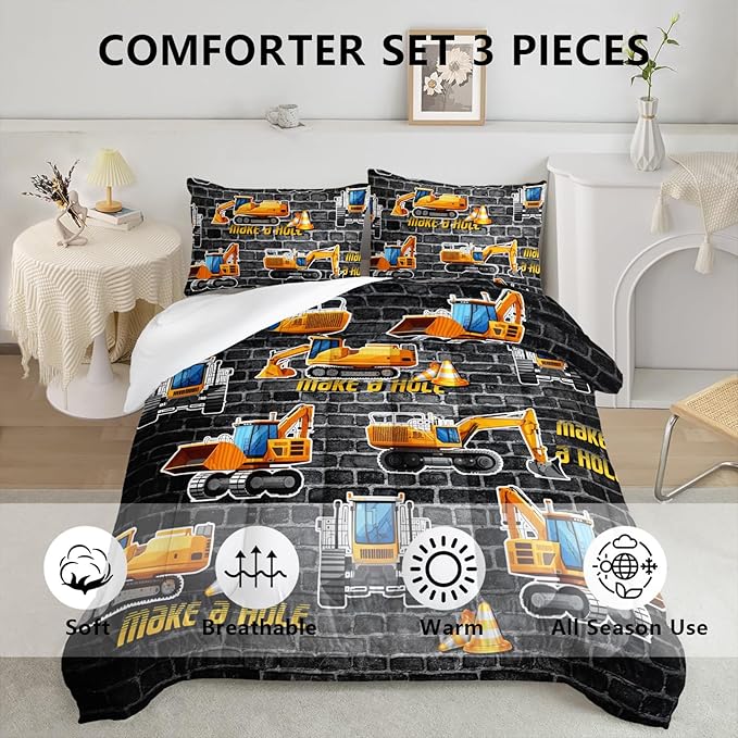 Axolotl Excavator Bedding Set Full Size,Yellow Excavator Bed Comforter for Kids Boys Teens,Tractor Truck Bedding Set for Boys,Construction Bedding Set for Boys,1 Quilt 2 Pillowcases,Deep Grey