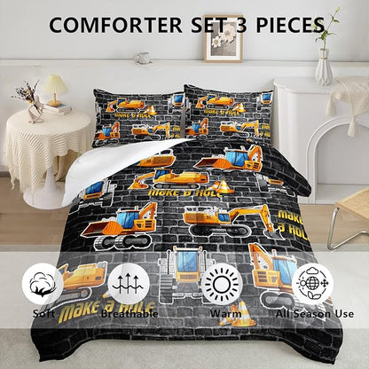 Axolotl Excavator Bedding Set Queen Size,Yellow Excavator Bed Comforter for Kids Boys Teens,Tractor Truck Bedding Set for Boys,Construction Bedding Set for Boys,1 Quilt 2 Pillowcases,Deep Grey
