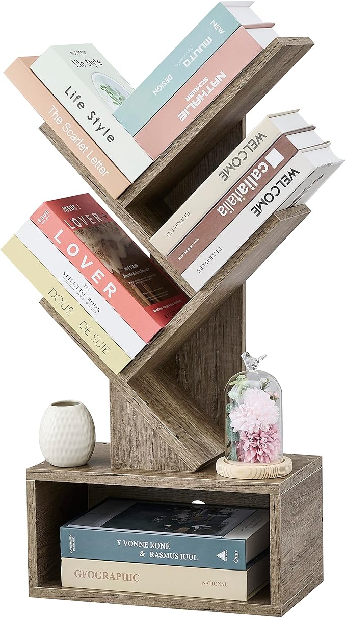 Hoctieon 3 Tier Tree Bookshelf, Modern Bookcase with Drawer, Freestanding Book shelf, Display Floor Standing Storage Shelf, Book Organizer Shelves for Home Office, Living Room, Bedroom, Greige