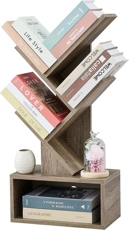 Hoctieon 3 Tier Tree Bookshelf, Modern Bookcase with Drawer, Freestanding Book shelf, Display Floor Standing Storage Shelf, Book Organizer Shelves for Home Office, Living Room, Bedroom, Greige