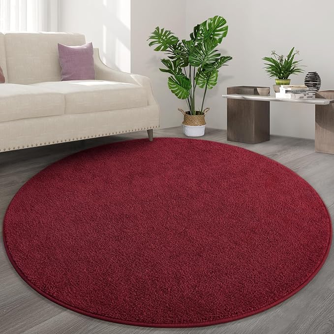 Round Area Rugs for Bedroom Living Room, 5x5 Rose Red Super Soft Comfy Thickened Memory-Foam Indoor Circle Carpets, Modern Aesthetic Minimalist Carpet for Boys Girls Adults Nursery Home Décor