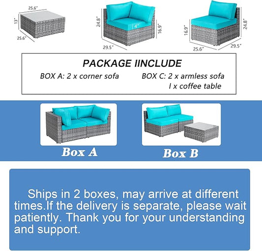 Shintenchi 5 Pieces Outdoor Patio Sectional Sofa Couch, Silver Gray PE Wicker Furniture Conversation Sets with Washable Cushions & Glass Coffee Table for Garden, Poolside, Backyard (Blue)