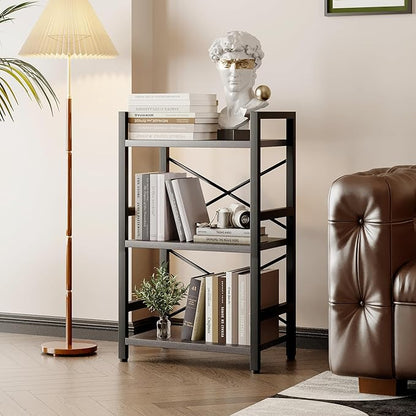 Bookshelf, 3 Tier Industrial Bookcase, Metal Small Bookcase, Rustic Etagere Book Shelf Storage Organizer for Living Room, Bedroom, and Home Office(Grey) Patent Pending D29873033