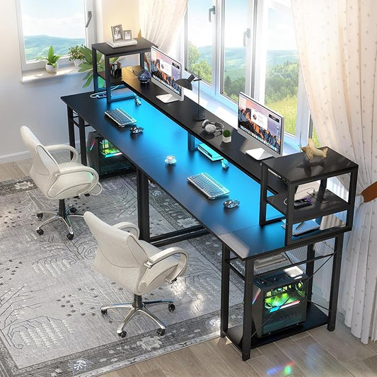 Gaming Desk with Lights & Power Outlets, 47.2'' Computer Desk with Storage Shelves, Small Desk for Small Space, Desk with Monitor Stand, Black