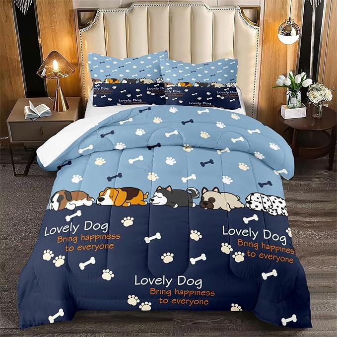 Bedding Set, 3Pcs Cartoon Dog Comforter Set for Boys, Queen Size, Lovely Puppy Patterns, Fun Animal Lover Quilt with 2 Pillowcases