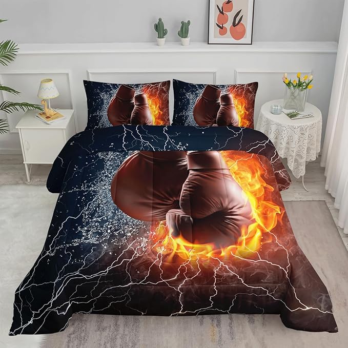 Axolotl Boxing Bedding Set Full,Sports Theme Comforter Set Boxing Gloves Pattern Bedding Set,Red Blue Cool Lightning Comforter Pugilism Games Bedding Set for Kids Boys Teens Men,1 Quilt 2 Pillowcases