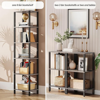 TUTOTAK Bookshelf, 6-Tier Tall Book Shelf, Narrow Bookcase for Small Space, DIY Stackable Bookshelf, for Living Room, Office, Study, Entryway, Industrial, Greige and Black BS01BG006