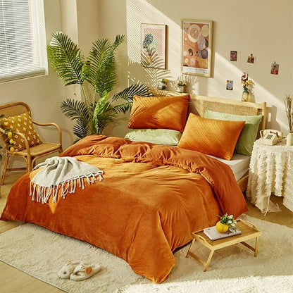 Burnt Orange Velvet Comforter Queen Solid Rust Color Flannel Velvet Bedding Comforter Set All Caramel Colour 3 PCs Shaggy Soft Warm and Durable Flannel Blanket Queen