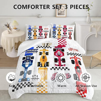 Axolotl Racing Car Comforter Set Queen Size,Colorful Sports Car Bedding Set for Kids Boys Teen Adult,Extreme Speed Race Bedding Sets Car Theme Bedroom Decor with 1 Comforter and 2 Pillowcases