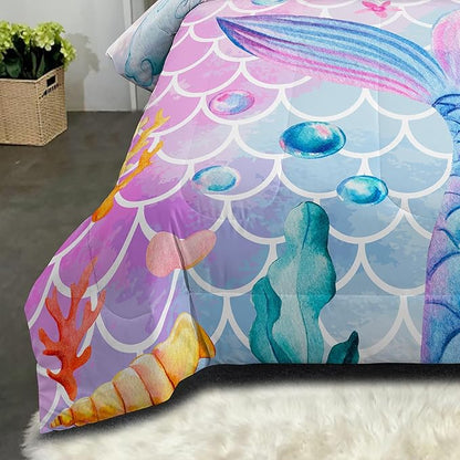 NINENINE Mermaid Comforter Sets,Full Size Girls Bedding Set,Girls Princess Comforter Sets Full Size,Colorful Ocean Fish Scales Comforter Set with 1 Comforter 2Pillowcases