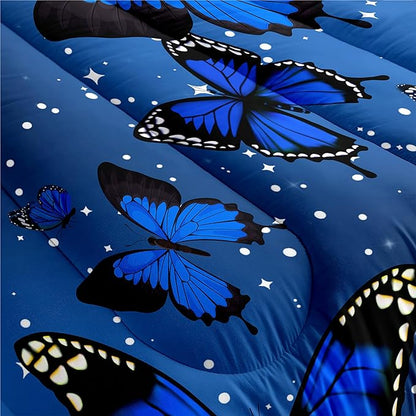 Butterfly Bedding Set for Girls, Butterfly Comforter, Blue Butterflies with Sparkle Stars Prints Comforter Set for Women Girls Butterfly Bedding Queen Size Quilt Sets, 1 Comforter + 2 Pillowcases