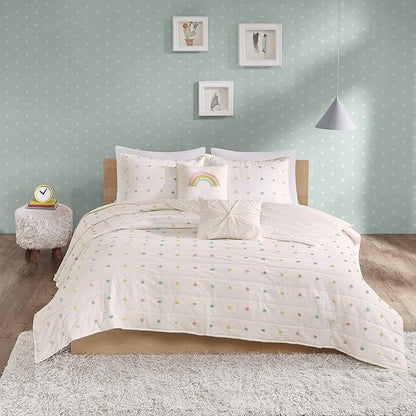 Quilt Set Cotton Jacquard Weave Colorful Poms Accent All Season Shabby Chic Bedding Coverlet Bedspred, Girls Bedroom Décor, Full Queen, Multi 5 Piece