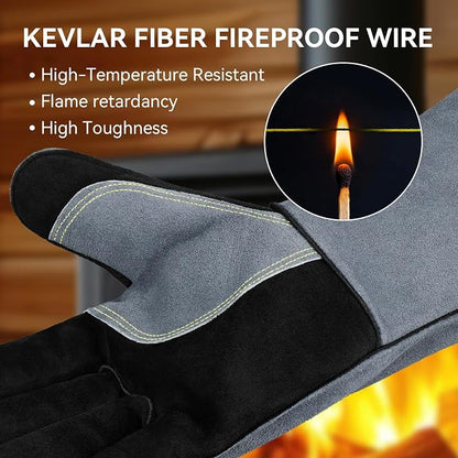 OZERO Welding Gloves: 932°F Heat Resistant Gloves, Black-Gray, 14 Inch | 1.2 mm Split Cowhide, Reinforced Palm, Long Cuff, for MIG TIG Stick Forge BBQ Grill Fireplace Fire Pit Wood Stove Oven