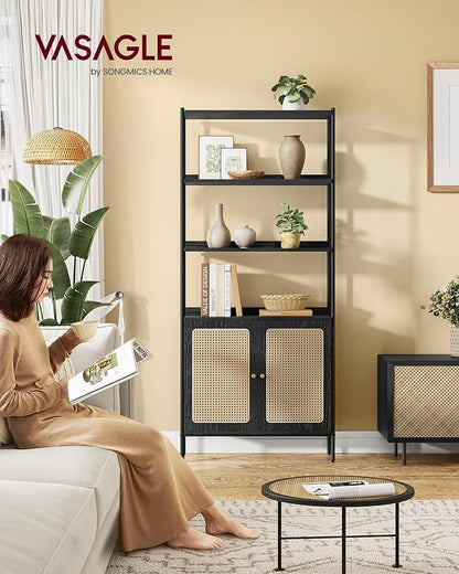 VASAGLE 6-Tier Bookcase, Bookshelf with Rattan-Like Door, Boho Style, Freestanding 30.1-Inch Wide Storage Shelf, Metal Frame, Adjustable Shelf, for Living Room, Ebony Black and Matte Black ULLS124B56