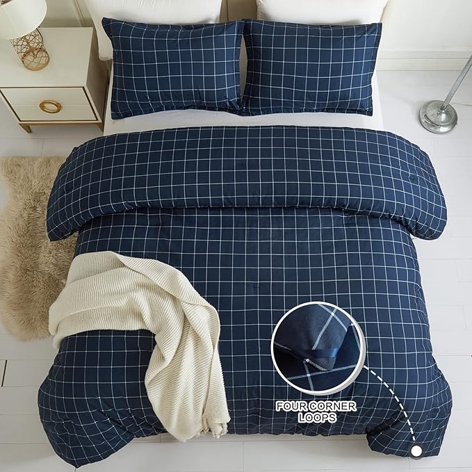 Andency Navy Grid Comforter Set Queen Size (90x90 Inch), 3 Pieces(1 Grid Comforter and 2 Pillowcases), Summer Lightweight Microfiber Down Alternative Navy Comforter with White Lines
