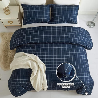 Andency Navy Grid Comforter Set King Size (104x90 Inch), 3 Pieces(1 Grid Comforter and 2 Pillowcases), Summer Lightweight Microfiber Down Alternative Navy Comforter with White Lines