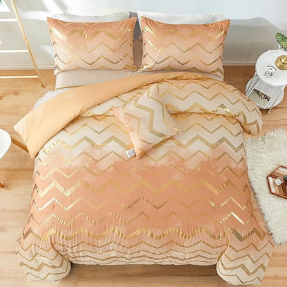 Ombre Beige Comforter Set Queen Size Girls Bedding Soft Microfiber Comforter for Kids Teen Women,4 Pieces (1 Comforter,2 Pillowcase,1 Decorative Pillow Sham)