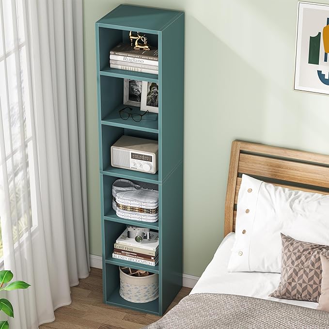 70.9 Inch Tall Narrow Bookcase, Corner Bookshelf 6 Tier Cube Display Shelf Storage Organizer for Small Space, Blue