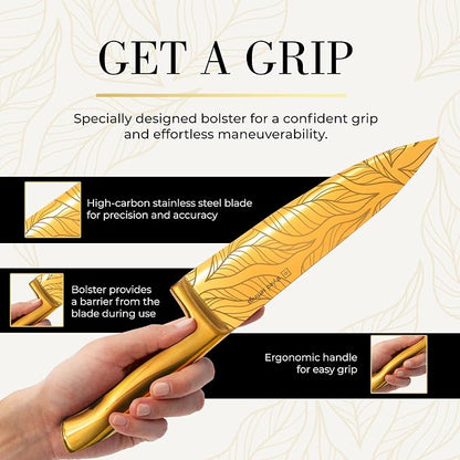 Styled Settings Gold Knives with Etched Leaves Pattern and Sharpener Block | 14-Piece Gold Titanium-Coated Blades with Beautiful Pattern, Ultra-Sharp Stainless Steel, & Stylish Kitchen Knife Block Set