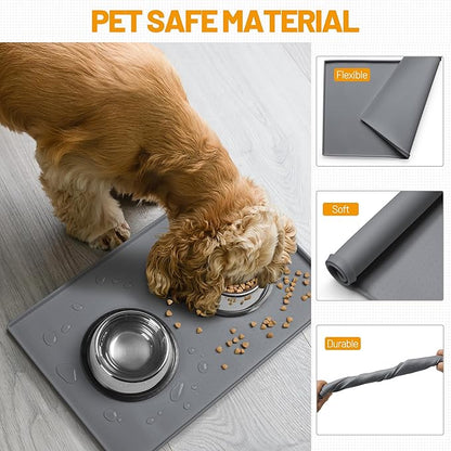 Hubulk Dog Feeding Mat,100% Waterproof Food Grade Silicone Pet Food and Water Bowl Placemat,Dishwasher, High Raised Edge to Prevent Spills,Nonslip Tray to Stop Messes on Floor（28"x18"x0.8", Grey）