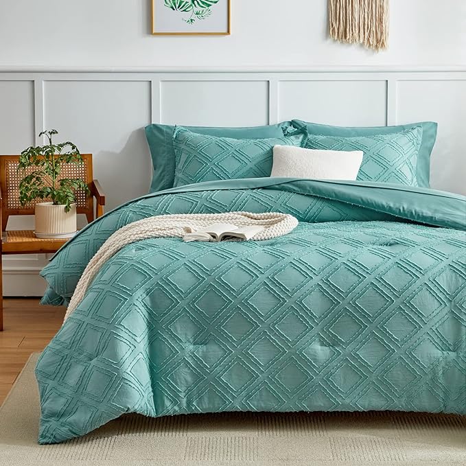 6 Pieces Tufted Bed in a Bag Twin Comforter Set with Sheets Green, Soft and Embroidery Shabby Chic Boho Bohemian Design, Luxury Solid Color with Diamond Pattern, Jacquard Tufts Bedding Set for Kids