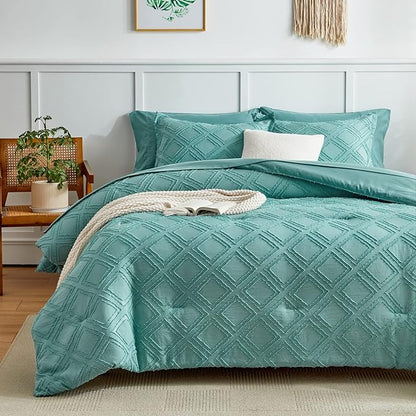 6 Pieces Tufted Bed in a Bag Twin Comforter Set with Sheets Green, Soft and Embroidery Shabby Chic Boho Bohemian Design, Luxury Solid Color with Diamond Pattern, Jacquard Tufts Bedding Set for Kids