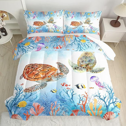 CVHOUSE Sea Turtle Comforter Set,Ocean Watercolor Sea Turtle Bedding Set for Kids Teens,Ocean Sea Turtle Comforter Sea Turtle Duvet Set Room Decor Quilt Set Twin Size