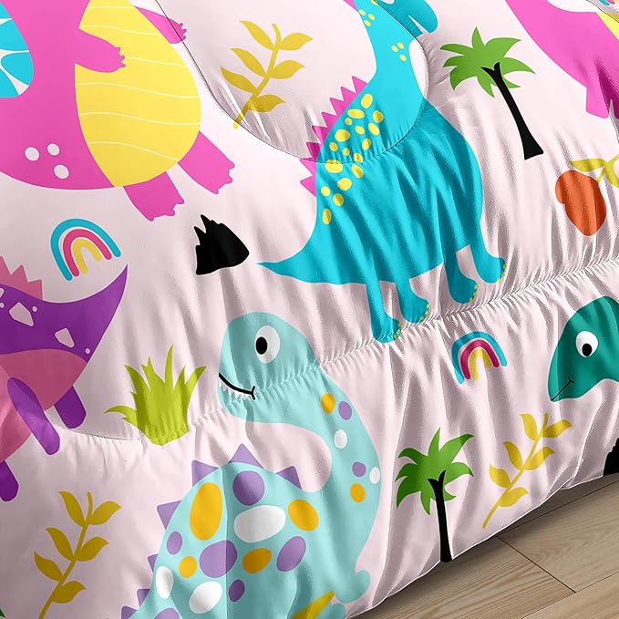 Dinosaur Twin Bedding Set, Cartoon Dinosaur Comforter Set Twin Girl Bedding Set for Girls Room Soft Breathable Dino Quilt Kids Bedding Set for All Season, 1 Comforter 1 Pillowcase