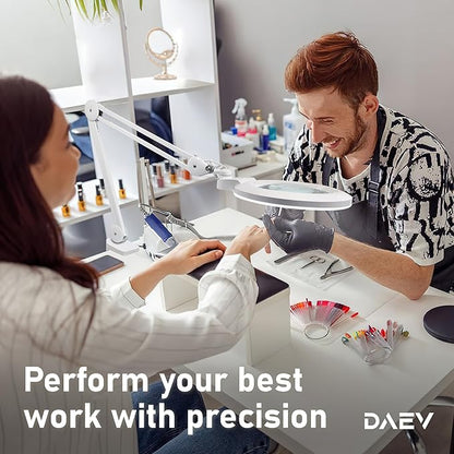 Desk Magnifying Glass with Light - DAEV - 7" Large LED Magnifying Glass with Clamp, Easy Change 5D (2.25X) and 3D (1.75X) Glass. 1600 Lumen, 6500K CCT Dimmable LED Magnifier with Light, White