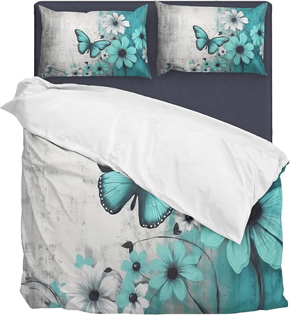Butterfly Flowers Comforter Sets Twin Size, Vintage Floral Butterfly Kids Bedding Sets for girls Teens 3 Piece Bedroom Decor