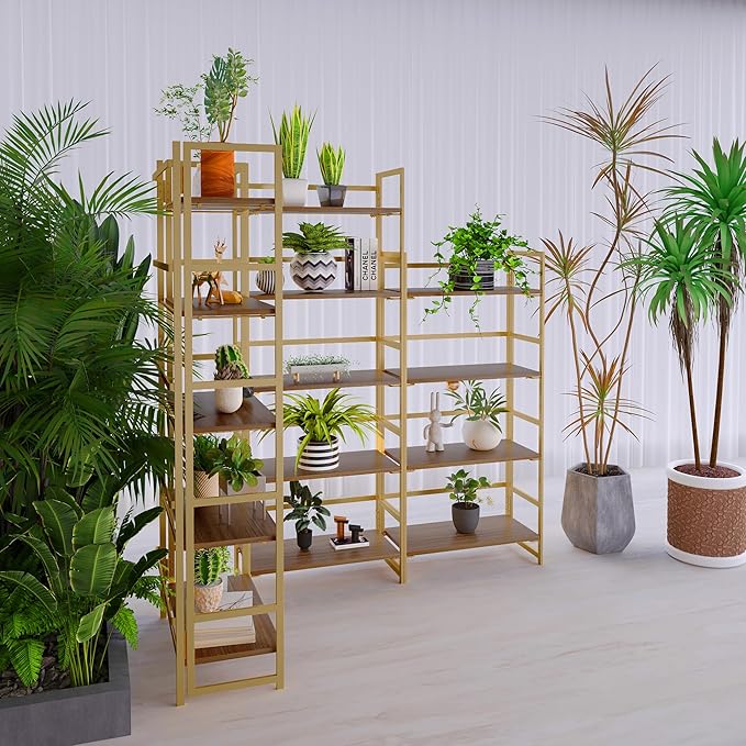 No-Assembly Folding Gold Bookshelf Storage Shelves 5 Tiers Vintage Multifunctional Plant Flower Stand Storage Rack Shelves Bookcase for Home Office