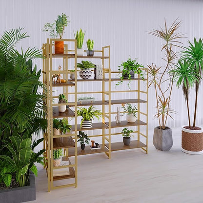 No-Assembly Folding Gold Bookshelf Storage Shelves 5 Tiers Vintage Multifunctional Plant Flower Stand Storage Rack Shelves Bookcase for Home Office